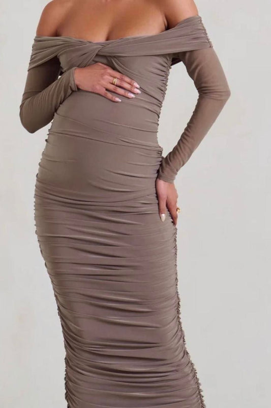 Club London | Neva Twist Maternity Midi Dress | Mocha Brown
