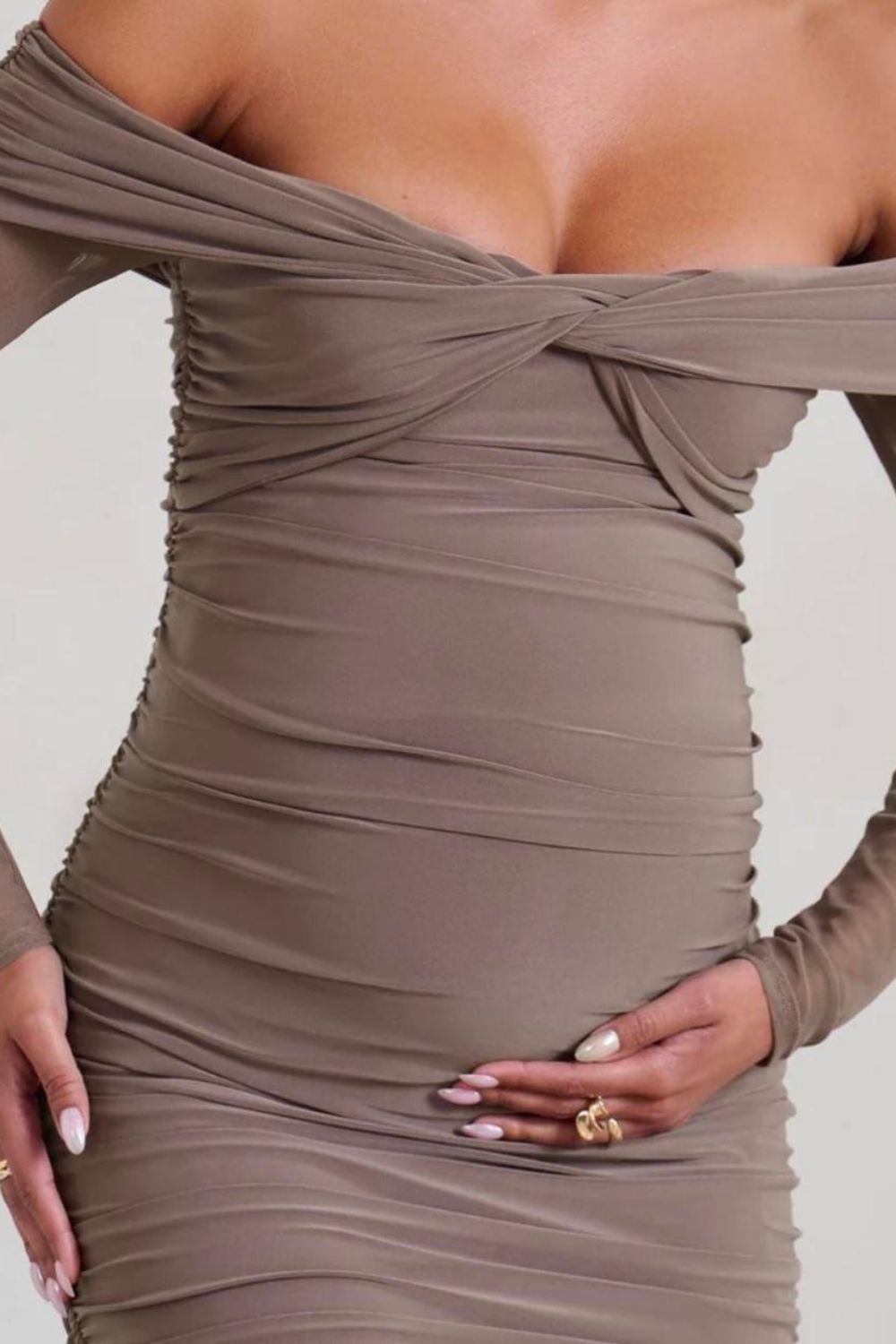 Club London | Neva Twist Maternity Midi Dress | Mocha Brown