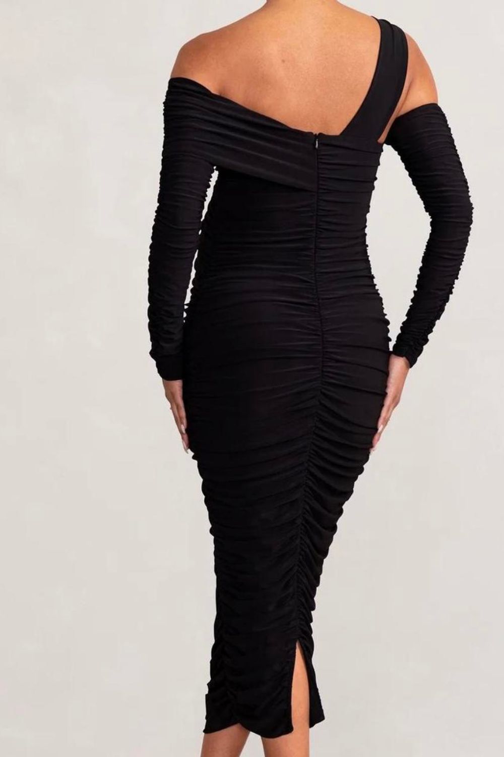 Club London | Neile Asymmetric Midi Dress with sleeves | Black