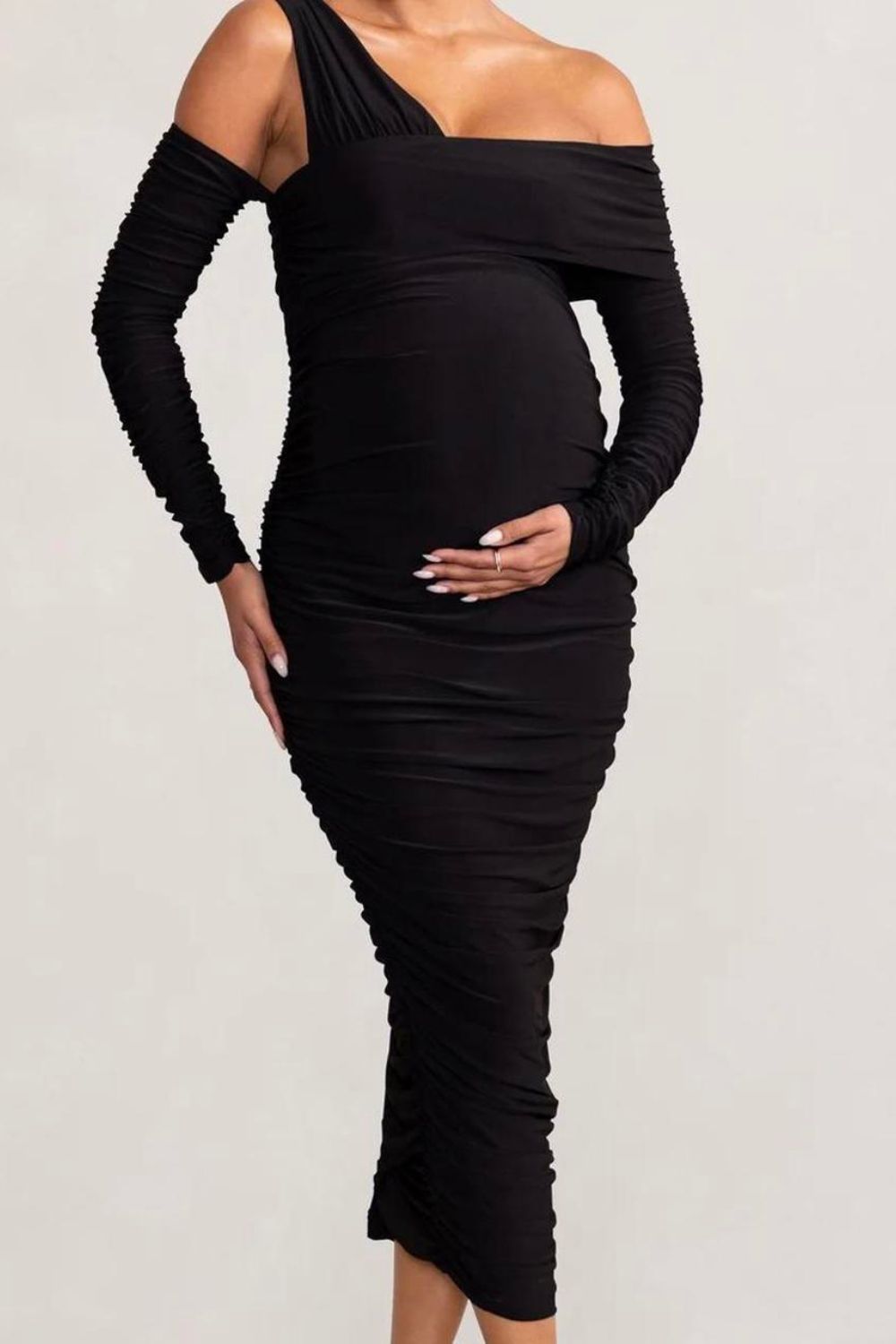 Club London | Neile Asymmetric Midi Dress with sleeves | Black