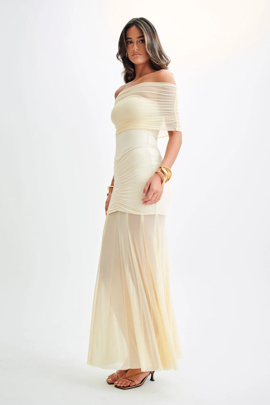 Meshki | Caspian Slinky Mesh Off Shoulder Maxi Dress | Ivory