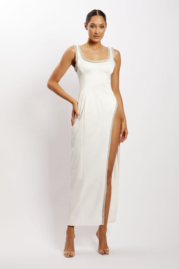 Meshki | Diamante Trim High Split Midi Dress | White